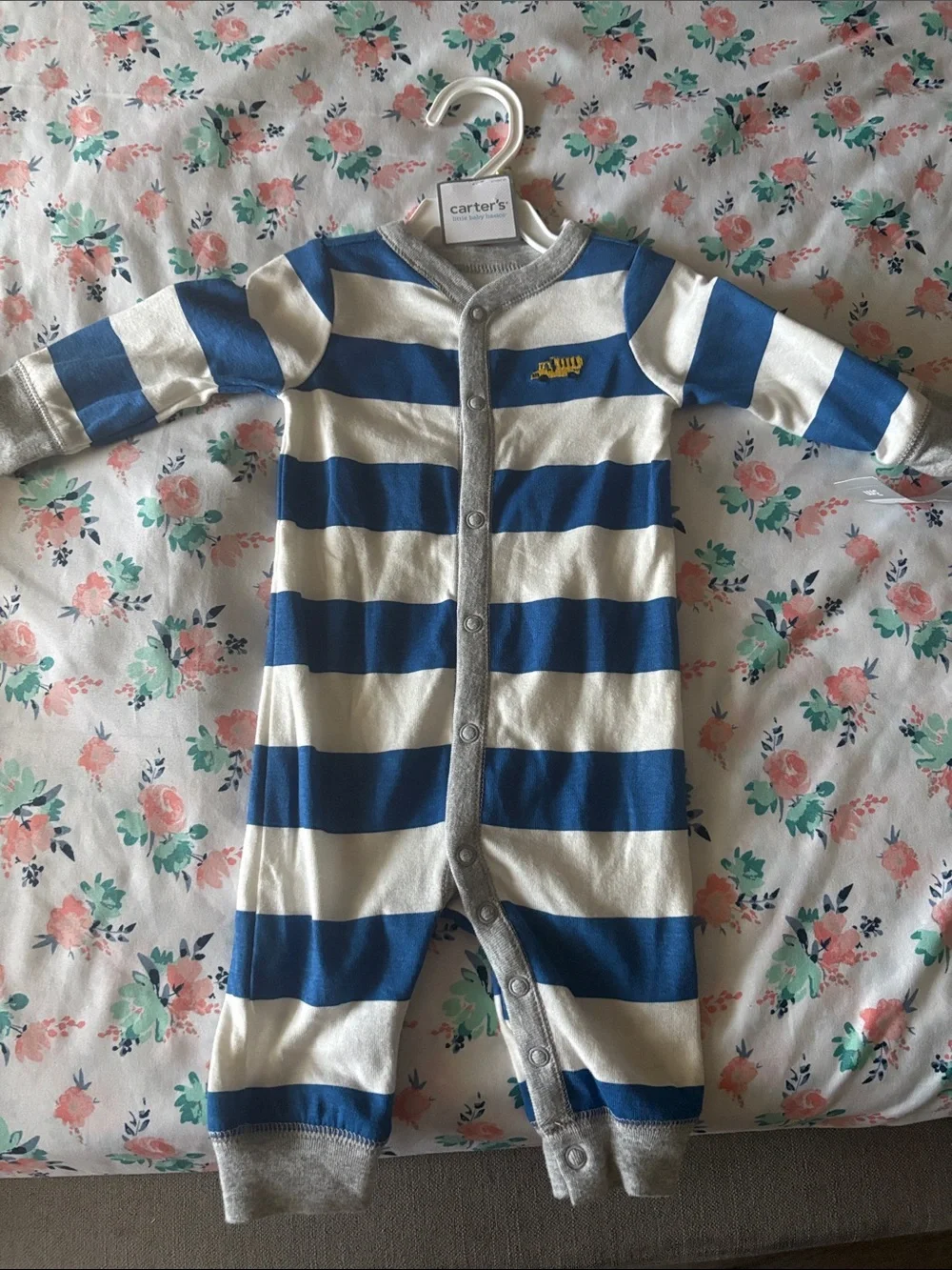 Carter's Blue and White Striped Snap-Front Baby One-Piece with Yellow Truck